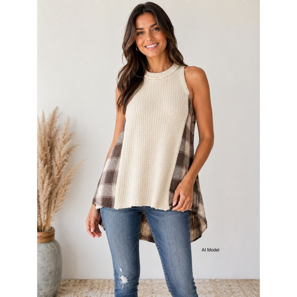 Boho Plaid Patchwork Sleeveless Sweater‎ Tunic Small Mixed Media Oversized